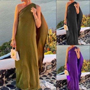 Spot European and American women's clothing new cross-border personalized sloping shoulder irregular mid length dress sexy dress