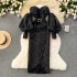 Qianjin style banquet dress high-end light luxury niche lantern sleeves sexy off shoulder strapless slim long dress for women