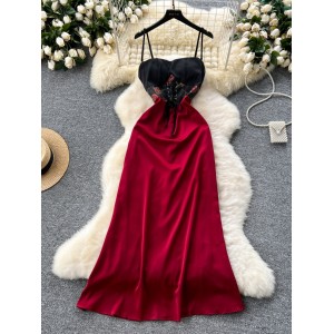 High end banquet dress, women's palace style retro strap, waist cinching, strapless strap, mid length satin French dress