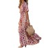 Spot 2024 Autumn New Cross border Women's Fashion Printed V-neck Bohemian Medium length Dress