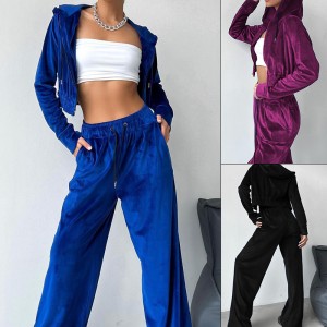 FD1146 in stock 2024 autumn and winter cross-border new fashion sports style hooded sweatshirt wide leg pants two-piece set