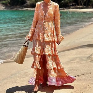 Spot Cross border Women's Autumn New Style European and American Fashion Printed Bohemian Vacation Beach Medium length Dress