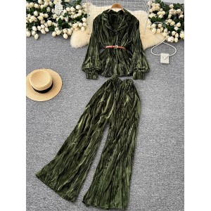 Light mature style, high-end feeling, tied waist, soft and sticky velvet long sleeved shirt, two-piece set, women's autumn high waist wide leg pants