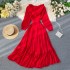 Travel photoshoot fairy style long dress, red hooded ruffle hem, big display chiffon fairy dress, beach vacation dress, autumn outfit for women