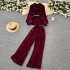 Light mature style, high-end feeling, tied waist, soft and sticky velvet long sleeved shirt, two-piece set, women's autumn high waist wide leg pants