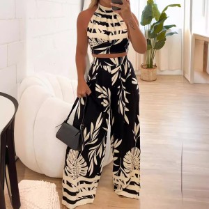 LN1146 in stock 2024 spring/summer new cross-border women's fashion temperament printed hanging neck backless straight leg pants two-piece set