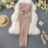 2019 new trendy and sexy cross shoulder slim knit mid to long goddess style dress for women in autumn and winter