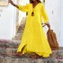 FD536 in stock 2024 cross-border women's summer and autumn bohemian solid color V-neck loose long sleeved cotton and linen dress