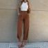 FD1541 spot European and American women's cross-border foreign trade factory fashionable solid color loose high waisted ankle tied suit pants