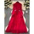 Long sleeved dress for women in spring 2024, new French retro elegant bow tie tie, waist cinching, big swing chiffon skirt