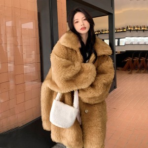 2023 autumn and winter imitation wool fur coat women's coat fashionable loose casual thick medium long style big collar trend