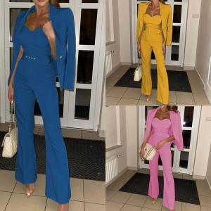 FD1013 in stock 2022 autumn new fashionable long sleeved small suit long pants jumpsuit set two-piece set