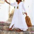 FD536 in stock 2024 cross-border women's summer and autumn bohemian solid color V-neck loose long sleeved cotton and linen dress