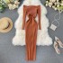 2019 new trendy and sexy cross shoulder slim knit mid to long goddess style dress for women in autumn and winter