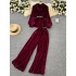 Light mature style, high-end feeling, tied waist, soft and sticky velvet long sleeved shirt, two-piece set, women's autumn high waist wide leg pants