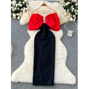 Evening gown for women, high-end and exquisite evening dress, fashionable diamond studded chain hanging neck bow slim fit small gift skirt