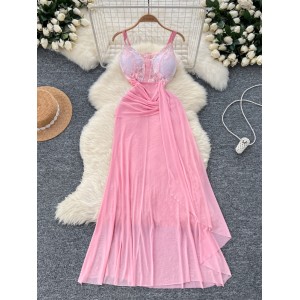 Evening Dress Women's New High end Elegant Dress Female Sexy Lace V-neck Waist Strap Mesh Long Dress