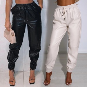 FD229 in stock 2024 autumn and winter new Amazon wish European and American fashion casual elastic waist leather pants Haren pants