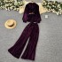 Light mature style, high-end feeling, tied waist, soft and sticky velvet long sleeved shirt, two-piece set, women's autumn high waist wide leg pants