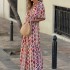 Spot 2024 Autumn New Cross border Women's Fashion Printed V-neck Bohemian Medium length Dress