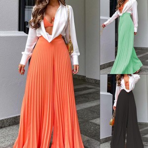 FD1110 in stock 2024 autumn cross-border new style European and American women's fashionable temperament pleated long wide leg pants