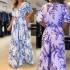 FD1283 in stock 2024 summer new cross-border women's fashionable V-neck loose medium long printed dress