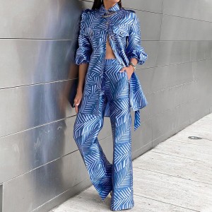 FD1266 in stock 2023 spring new cross-border fashion women's printed long sleeved top straight leg pants two-piece set