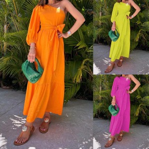 FD1188 in stock 2024 spring new cross-border women's clothing fashion temperament slanted shoulder mid length cotton and linen dress