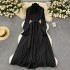 Long sleeved dress for women in spring 2024, new French retro elegant bow tie tie, waist cinching, big swing chiffon skirt