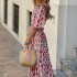 Spot 2024 Autumn New Cross border Women's Fashion Printed V-neck Bohemian Medium length Dress