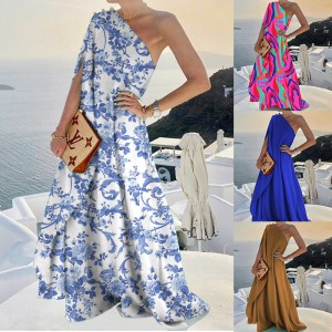 FD960 in stock 2024 summer new cross-border women's clothing temperament fashionable solid color loose shoulder long dress