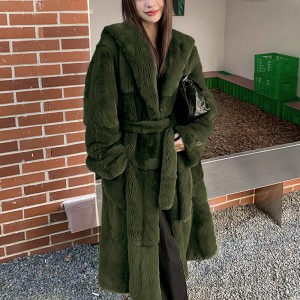 2022 new fashionable autumn and winter fur coat women's hooded casual European and American coat with waist cinching temperament to cover the stomach