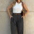 FD1541 spot European and American women's cross-border foreign trade factory fashionable solid color loose high waisted ankle tied suit pants