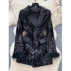 Light luxury imperial sister suit dress, women's fashion pocket, double row buckle, hairy sleeves, slimming and high-end feeling, sequin short skirt