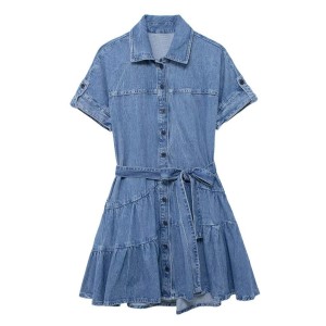 Foreign trade 2024 summer new women's clothing European and American style spliced short sleeved denim short dress 2553046