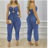 2024 European and American women's new cotton linen denim blue chain suspender casual insert bag drawstring backless chest wrapped jumpsuit