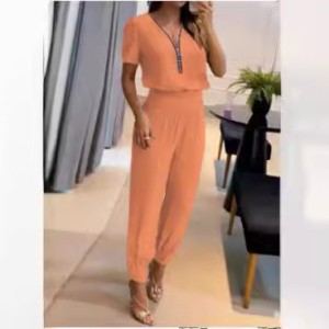 2023 European and American Foreign Trade Solid Color V-neck Zipper Short Sleeve Top and Leg Tight Pants Set Fashion and Casual Two Piece Set