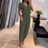 2023 European and American Foreign Trade Solid Color V-neck Zipper Short Sleeve Top and Leg Tight Pants Set Fashion and Casual Two Piece Set