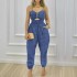 2024 European and American women's new cotton linen denim blue chain suspender casual insert bag drawstring backless chest wrapped jumpsuit