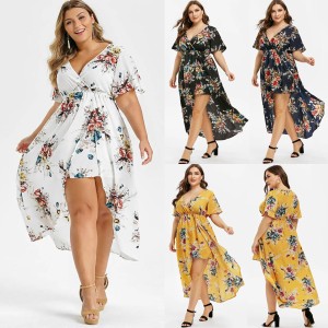 2023 Summer Amazon New Collection Waist Printed Irregular V-neck Dress with Split Bottom