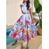 2024 European and American shirt collar with large swing positioning flower print short sleeved button dress with belt