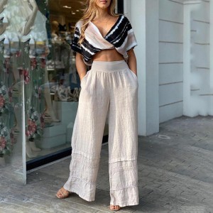 2023 European and American Foreign Trade Women's Autumn High end Style Cross V-neck Waist Top Solid Color Pants Set