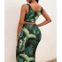 2023 European and American Summer Women's Fashion Sexy Strap Top+High Waist Tight Wrap Hip Skirt Printed Set