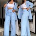 2024 European and American Foreign Trade Women's Clothing Elegant Solid Color Split Sleeve Collar Suit Pocket Straight Leg Pants Set