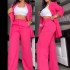 2024 European and American Foreign Trade Women's Clothing Elegant Solid Color Split Sleeve Collar Suit Pocket Straight Leg Pants Set