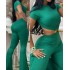 2023 European and American style autumn women's sexy round neck backless slim fit and lifted buttocks solid color micro flared jumpsuit sportswear