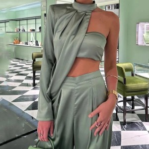 2024 European and American foreign trade women's clothing elegant hanging neck, sloping shoulder, strapless, sexy exposed navel wide leg pants set