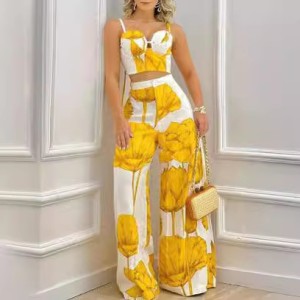 2024 Summer Amazon Cross border European and American Foreign Trade Women's Printed Strap Top Wide Leg Pants Set