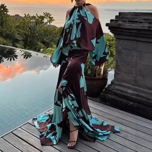 2024 Summer Cross border Off Shoulder Hanging Neck Retro Printed Long Sleeve Dress for Women in Europe and America