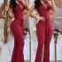 2023 European and American foreign trade women's clothing elegant V-neck button pocket high waist lace up solid color slim fit jumpsuit